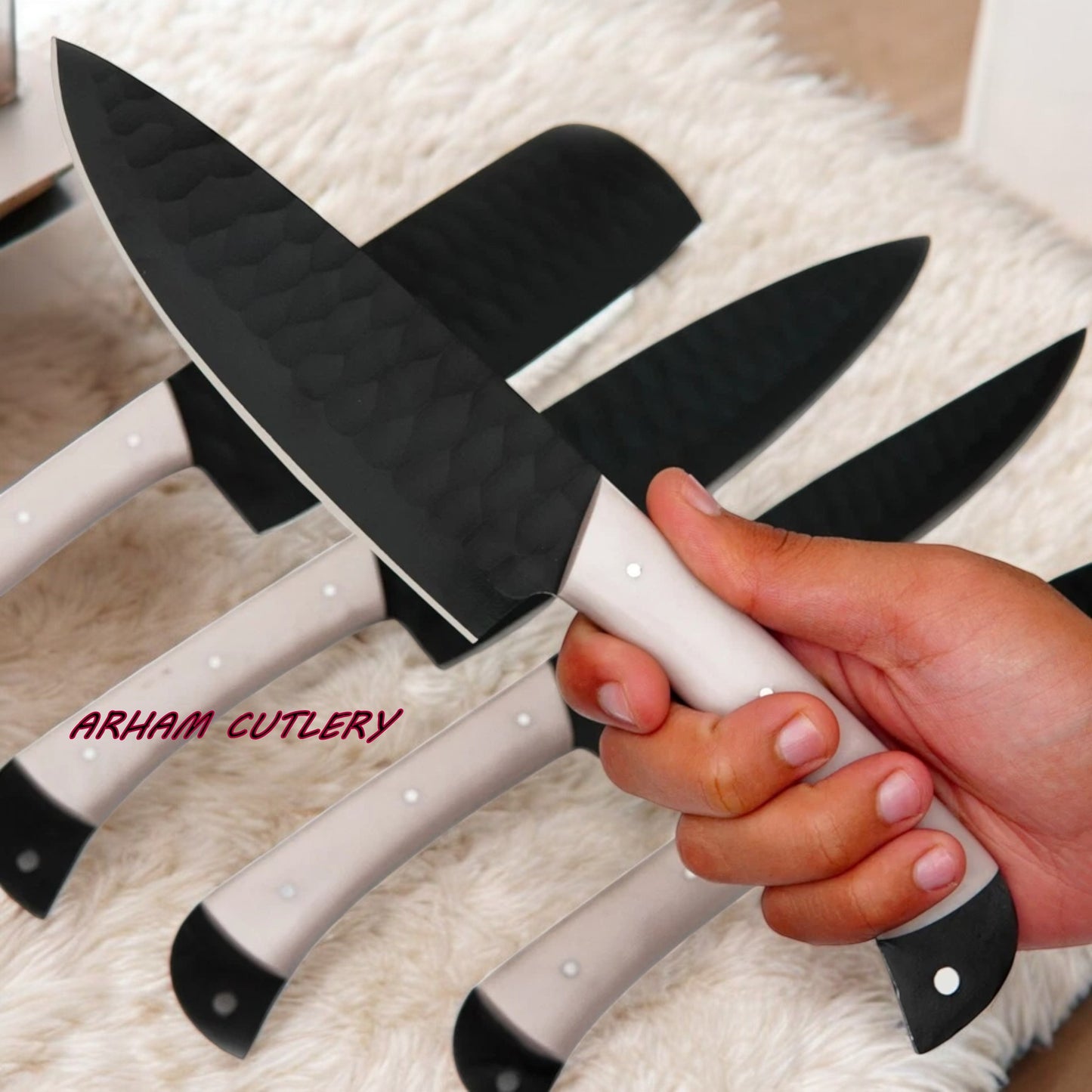 Hand-Forged D2 Steel 5-Piece Chef Knife Set – Hammered Finish, Resin Handles & Leather Roll | Arham Cutlery