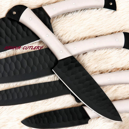 Hand-Forged D2 Steel 5-Piece Chef Knife Set – Hammered Finish, Resin Handles & Leather Roll | Arham Cutlery