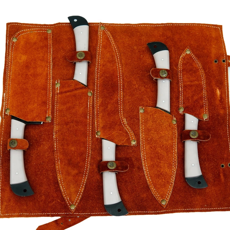 Hand-Forged D2 Steel 5-Piece Chef Knife Set – Hammered Finish, Resin Handles & Leather Roll | Arham Cutlery