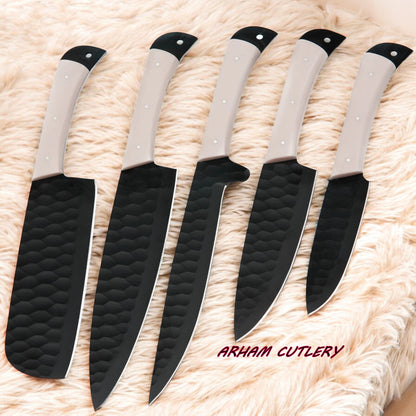 Hand-Forged D2 Steel 5-Piece Chef Knife Set – Hammered Finish, Resin Handles & Leather Roll | Arham Cutlery