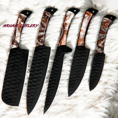 Handmade D2 Steel 5-Piece Chef Knife Set – Hammered Black Blades, Resin Handles & Leather Bag | Arham Cutlery