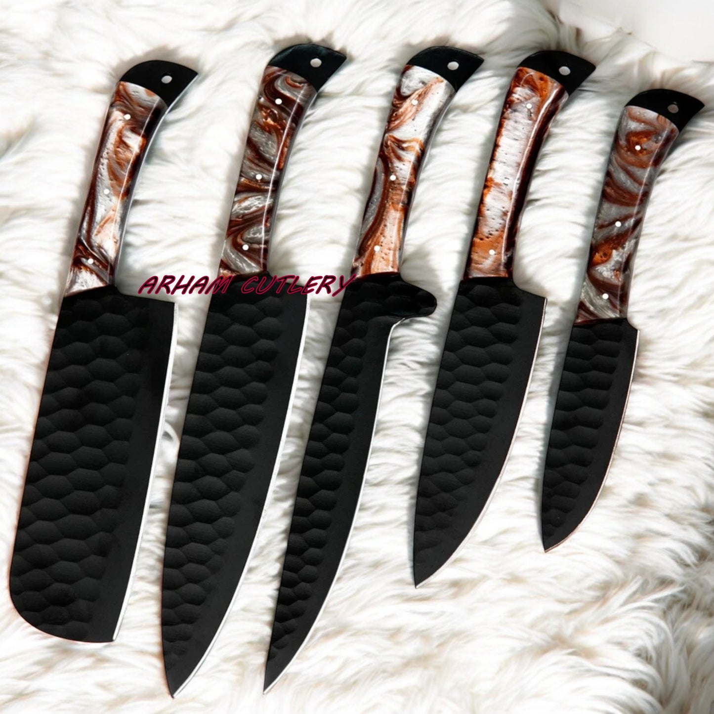 Handmade D2 Steel 5-Piece Chef Knife Set – Hammered Black Blades, Resin Handles & Leather Bag | Arham Cutlery