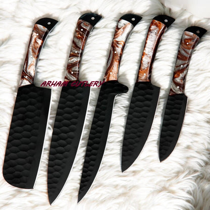Handmade D2 Steel 5-Piece Chef Knife Set – Hammered Black Blades, Resin Handles & Leather Bag | Arham Cutlery