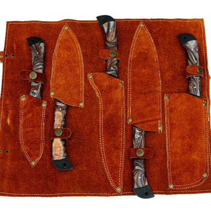 Handmade D2 Steel 5-Piece Chef Knife Set – Hammered Black Blades, Resin Handles & Leather Bag | Arham Cutlery