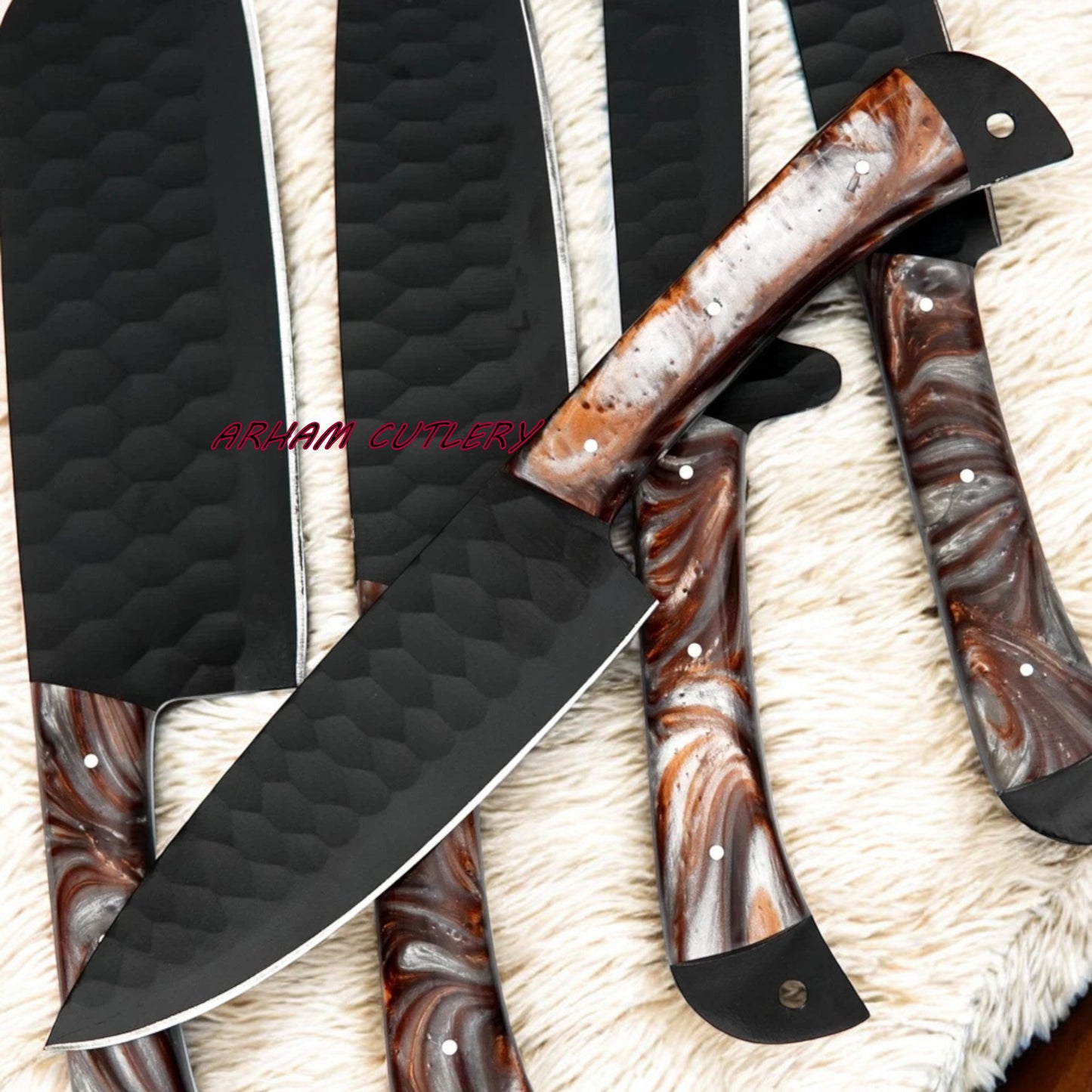 Handmade D2 Steel 5-Piece Chef Knife Set – Hammered Black Blades, Resin Handles & Leather Bag | Arham Cutlery