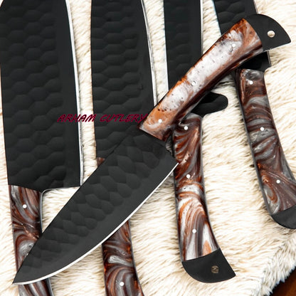 Handmade D2 Steel 5-Piece Chef Knife Set – Hammered Black Blades, Resin Handles & Leather Bag | Arham Cutlery