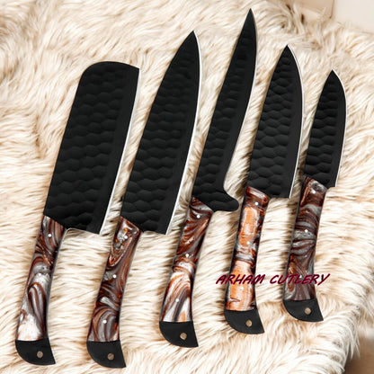 Handmade D2 Steel 5-Piece Chef Knife Set – Hammered Black Blades, Resin Handles & Leather Bag | Arham Cutlery