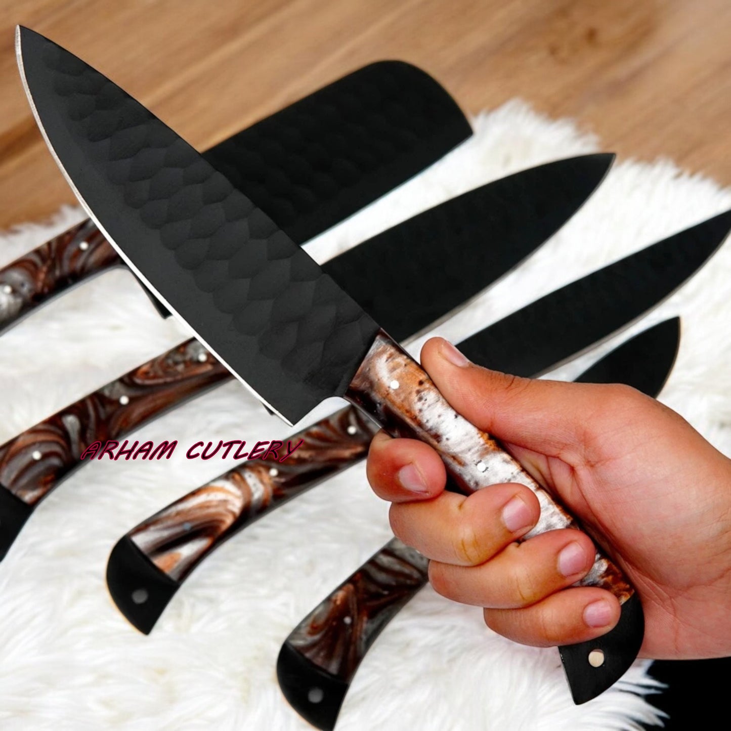 Handmade D2 Steel 5-Piece Chef Knife Set – Hammered Black Blades, Resin Handles & Leather Bag | Arham Cutlery