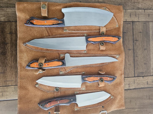 Handmade D2 Steel 5-Piece Chef Knife Set with Wood Handles & Leather Carry Bag | Arham Cutlery