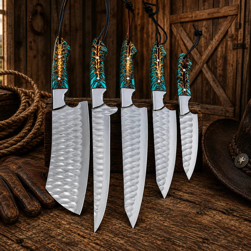 Five knives with decorative handles on a wooden surface with a rustic background.