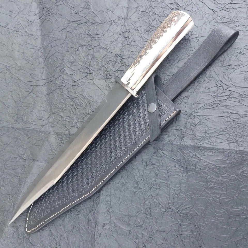 Arham Cutlery Handmade D2 Steel Bowie Knife – Full Tang with Antler-Style Handle & Leather Sheath - Arham Cutlery