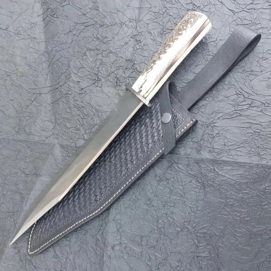 Arham Cutlery Handmade D2 Steel Bowie Knife – Full Tang with Antler-Style Handle & Leather Sheath - Arham Cutlery