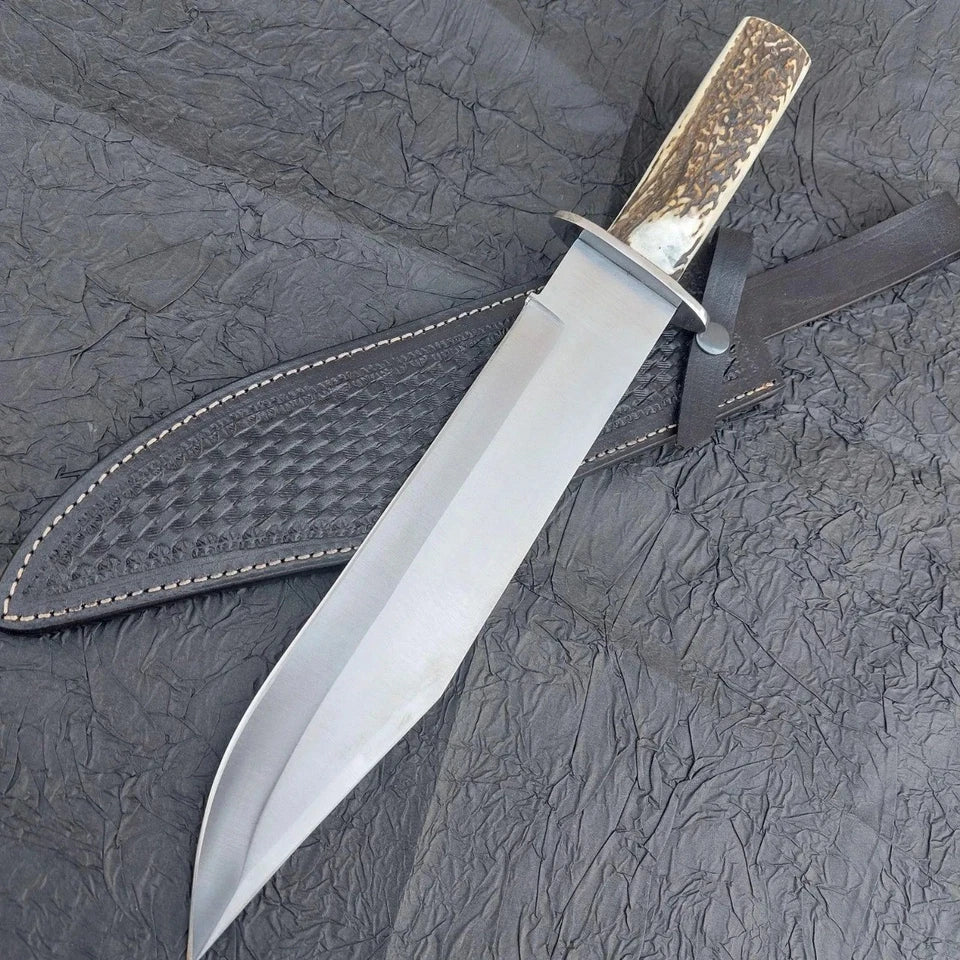 Arham Cutlery Handmade D2 Steel Bowie Knife – Full Tang with Antler-Style Handle & Leather Sheath - Arham Cutlery