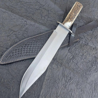 Arham Cutlery Handmade D2 Steel Bowie Knife – Full Tang with Antler-Style Handle & Leather Sheath - Arham Cutlery