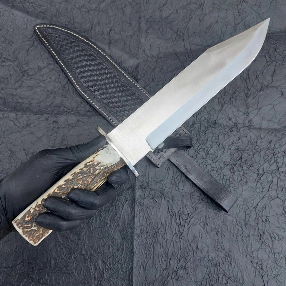 Arham Cutlery Handmade D2 Steel Bowie Knife – Full Tang with Antler-Style Handle & Leather Sheath - Arham Cutlery