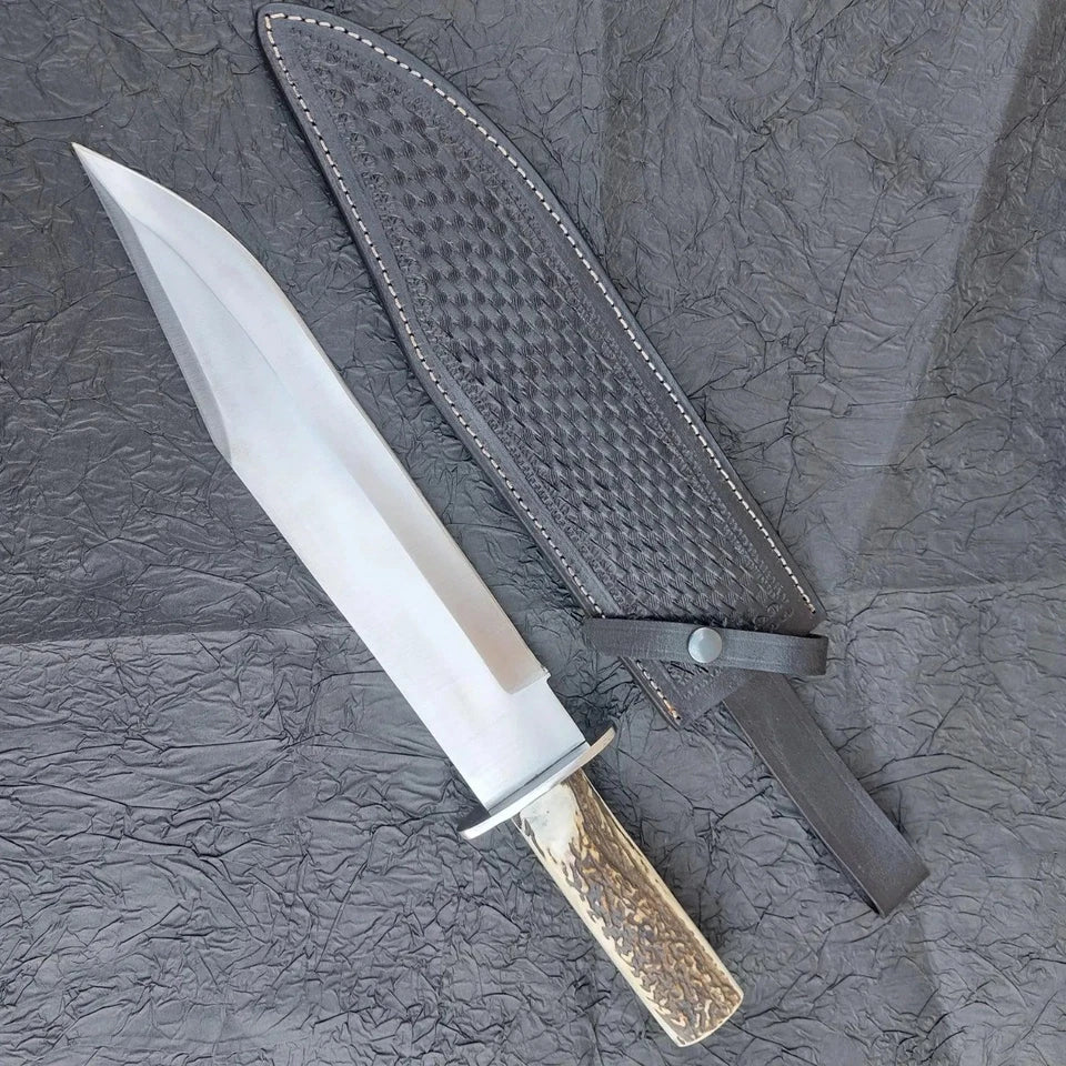 Arham Cutlery Handmade D2 Steel Bowie Knife – Full Tang with Antler-Style Handle & Leather Sheath - Arham Cutlery