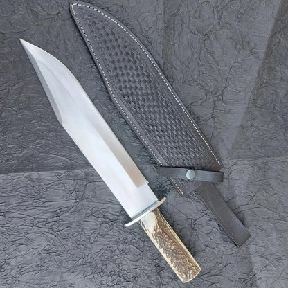 Arham Cutlery Handmade D2 Steel Bowie Knife – Full Tang with Antler-Style Handle & Leather Sheath - Arham Cutlery