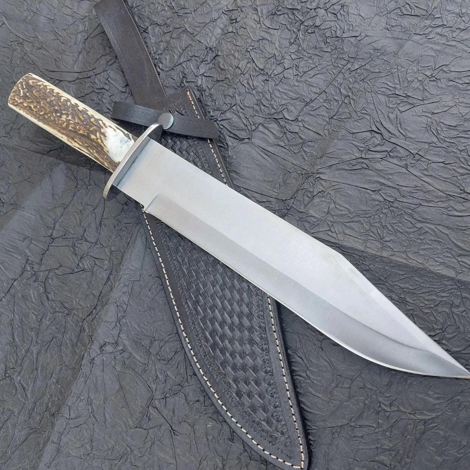 Arham Cutlery Handmade D2 Steel Bowie Knife – Full Tang with Antler-Style Handle & Leather Sheath - Arham Cutlery