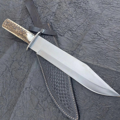 Arham Cutlery Handmade D2 Steel Bowie Knife – Full Tang with Antler-Style Handle & Leather Sheath - Arham Cutlery