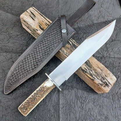 Arham Cutlery Handmade D2 Steel Bowie Knife – Full Tang with Antler-Style Handle & Leather Sheath - Arham Cutlery