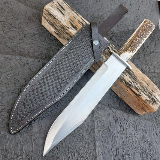 Arham Cutlery Handmade D2 Steel Bowie Knife – Full Tang with Antler-Style Handle & Leather Sheath
