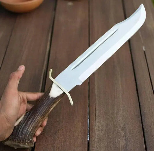 Handmade D2 Steel Bowie Hunting Knife – Stag Horn Handle with Leather Sheath | Arham Cutlery - Arham Cutlery