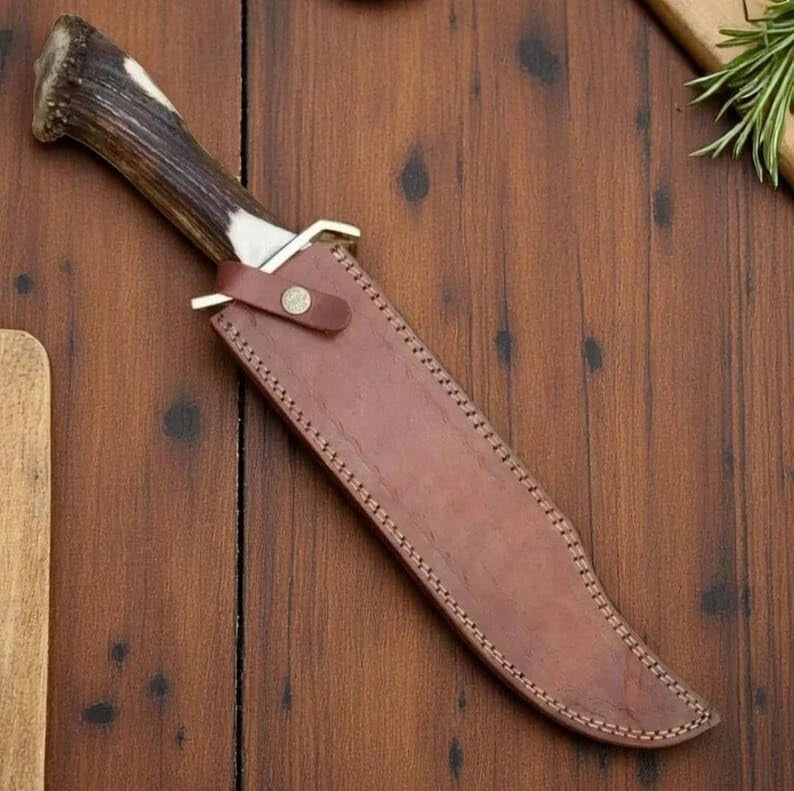 Handmade D2 Steel Bowie Hunting Knife – Stag Horn Handle with Leather Sheath | Arham Cutlery