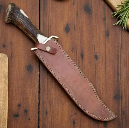 Handmade D2 Steel Bowie Hunting Knife – Stag Horn Handle with Leather Sheath | Arham Cutlery
