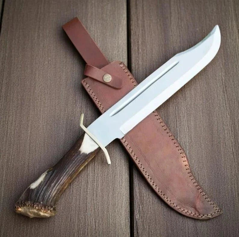 Handmade D2 Steel Bowie Hunting Knife – Stag Horn Handle with Leather Sheath | Arham Cutlery