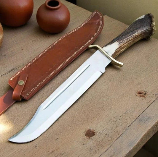 Handmade D2 Steel Bowie Hunting Knife – Stag Horn Handle with Leather Sheath | Arham Cutlery