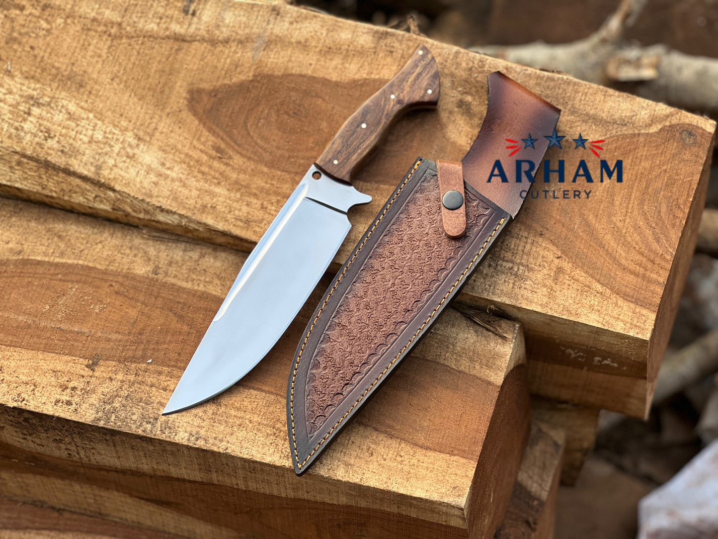 Premium 13" Handmade Hunting Knife – D2 Tool Steel, Rosewood Handle, Leather Sheath