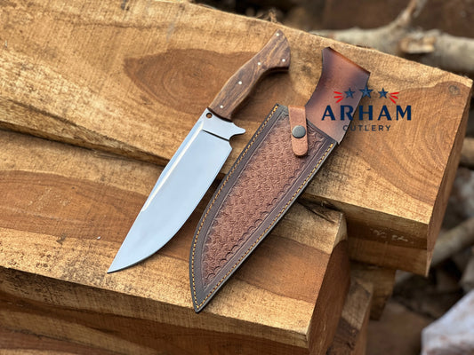 Premium 13" Handmade Hunting Knife – D2 Tool Steel, Rosewood Handle, Leather Sheath - Arham Cutlery