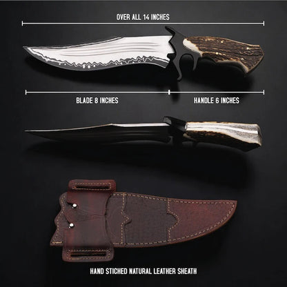 A fixed-blade knife shown in three views on a dark background: blade and handle dimensions labeled over 14 inches total, the knife in side view, and a brown leather sheath below with text reading 'Hand Stitched Natural Leather Sheath.' White measurement lines and text are overlaid to communicate size.