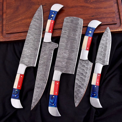Custom Handmade Damascus 5-Piece Chef Knife Set – Texas Flag Handle with Leather Bag | Arham Cutlery