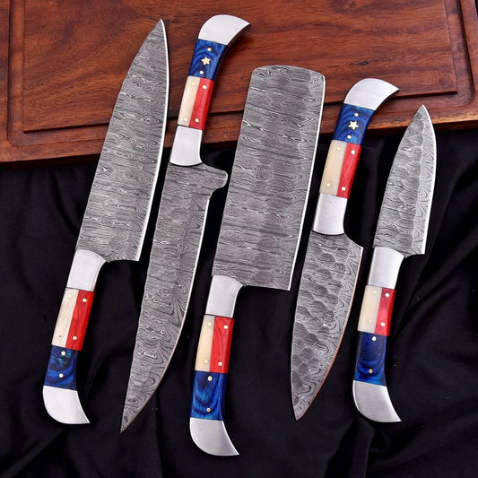Custom Handmade Damascus 5-Piece Chef Knife Set – Texas Flag Handle with Leather Bag | Arham Cutlery