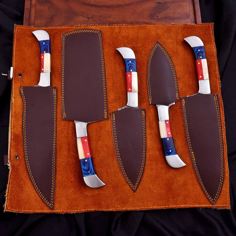 Custom Handmade Damascus 5-Piece Chef Knife Set – Texas Flag Handle with Leather Bag | Arham Cutlery