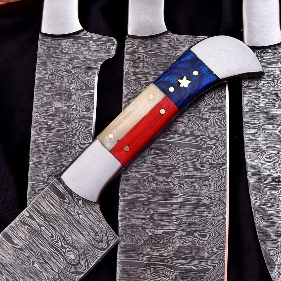 Custom Handmade Damascus 5-Piece Chef Knife Set – Texas Flag Handle with Leather Bag | Arham Cutlery
