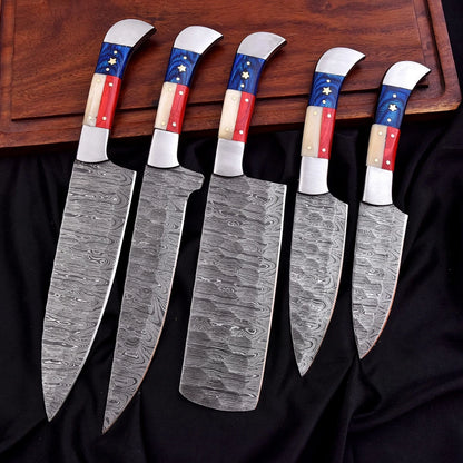Custom Handmade Damascus 5-Piece Chef Knife Set – Texas Flag Handle with Leather Bag | Arham Cutlery