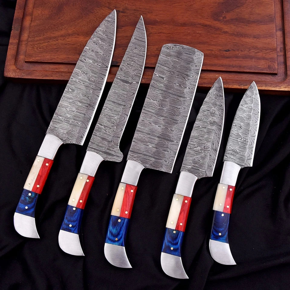 Custom Handmade Damascus 5-Piece Chef Knife Set – Texas Flag Handle with Leather Bag | Arham Cutlery