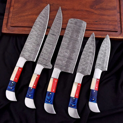 Custom Handmade Damascus 5-Piece Chef Knife Set – Texas Flag Handle with Leather Bag | Arham Cutlery