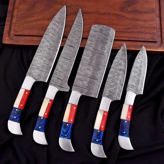 Custom Handmade Damascus 5-Piece Chef Knife Set – Texas Flag Handle with Leather Bag | Arham Cutlery - Arham Cutlery