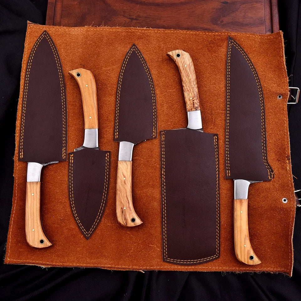 Handmade Damascus 5-Piece Chef Knife Set – Hammered Blades, Wood Handles & Leather Bag | Arham Cutlery