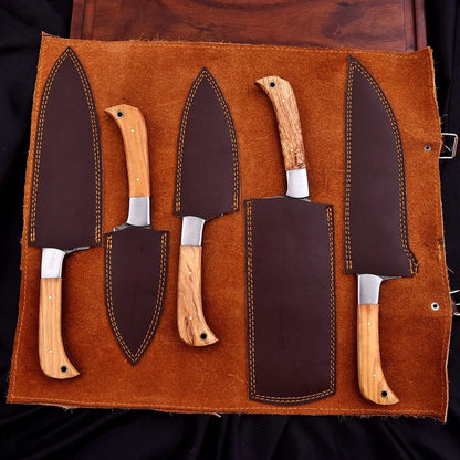 Handmade Damascus 5-Piece Chef Knife Set – Hammered Blades, Wood Handles & Leather Bag | Arham Cutlery