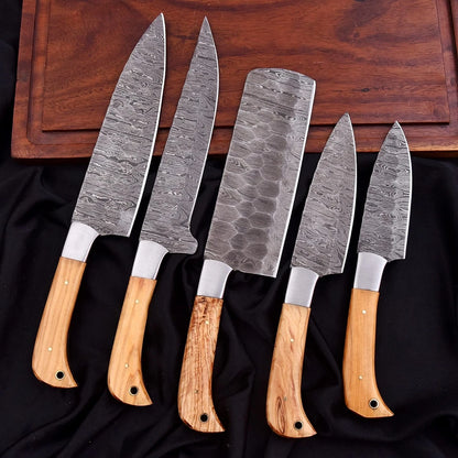 Handmade Damascus 5-Piece Chef Knife Set – Hammered Blades, Wood Handles & Leather Bag | Arham Cutlery