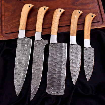 Handmade Damascus 5-Piece Chef Knife Set – Hammered Blades, Wood Handles & Leather Bag | Arham Cutlery