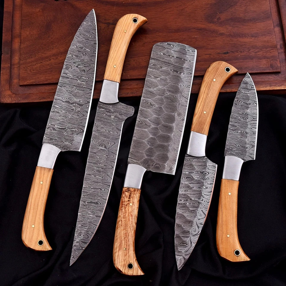 Handmade Damascus 5-Piece Chef Knife Set – Hammered Blades, Wood Handles & Leather Bag | Arham Cutlery