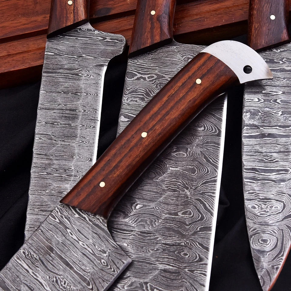 Custom Handmade Damascus 5-Piece Chef Knife Set – Solid Wood Handle with Leather Bag | Arham Cutlery