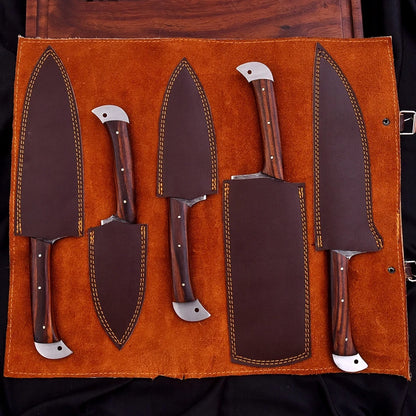 Custom Handmade Damascus 5-Piece Chef Knife Set – Solid Wood Handle with Leather Bag | Arham Cutlery