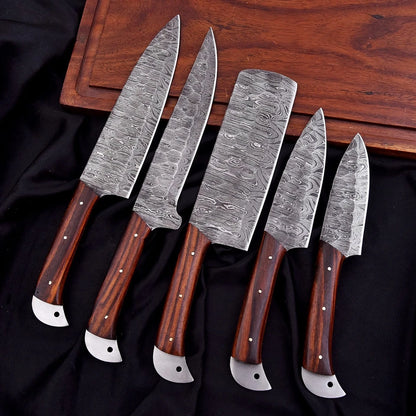 Custom Handmade Damascus 5-Piece Chef Knife Set – Solid Wood Handle with Leather Bag | Arham Cutlery
