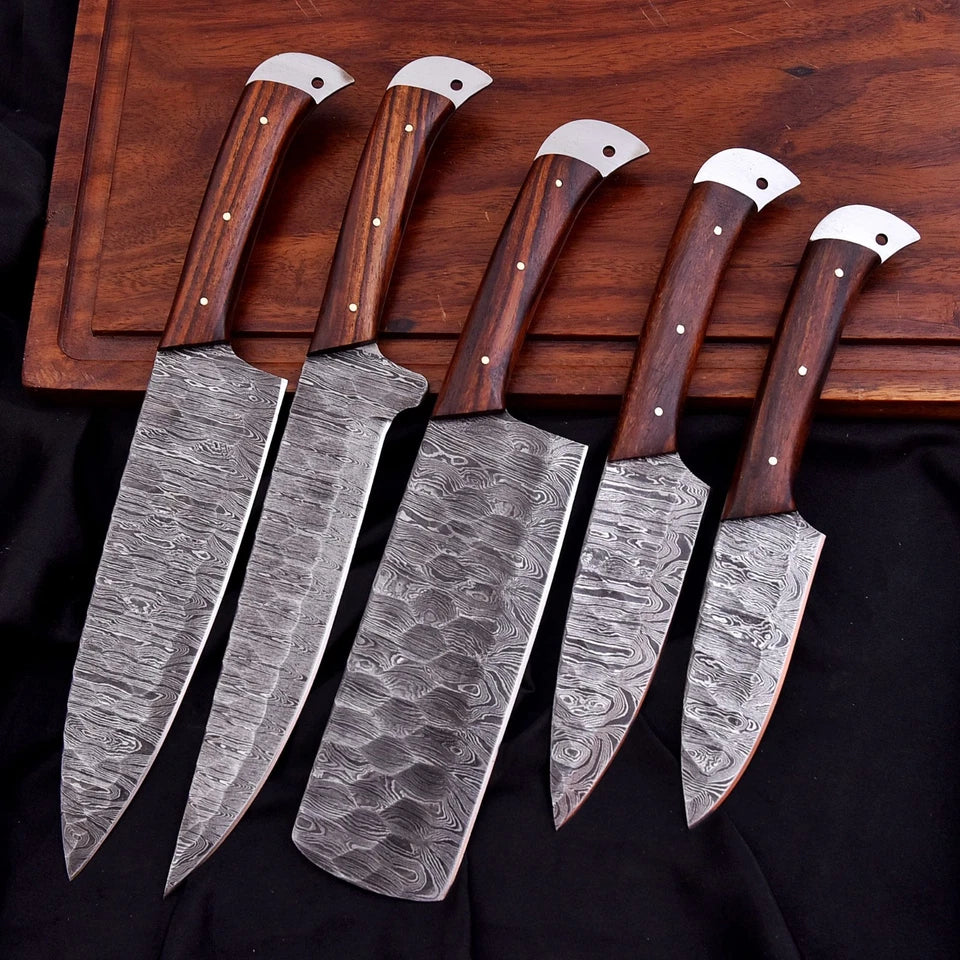 Custom Handmade Damascus 5-Piece Chef Knife Set – Solid Wood Handle with Leather Bag | Arham Cutlery